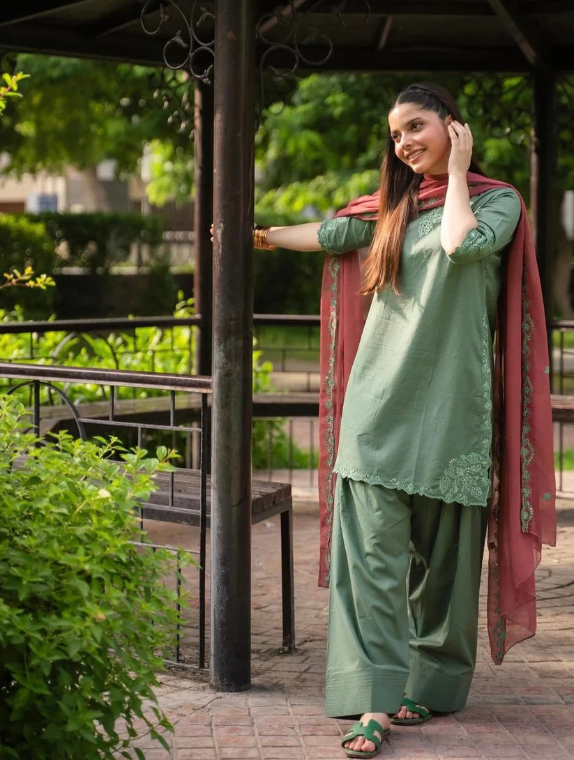 Elegant Sage Green 3PC Farshi Shalwar Suit with Pink Dupatta