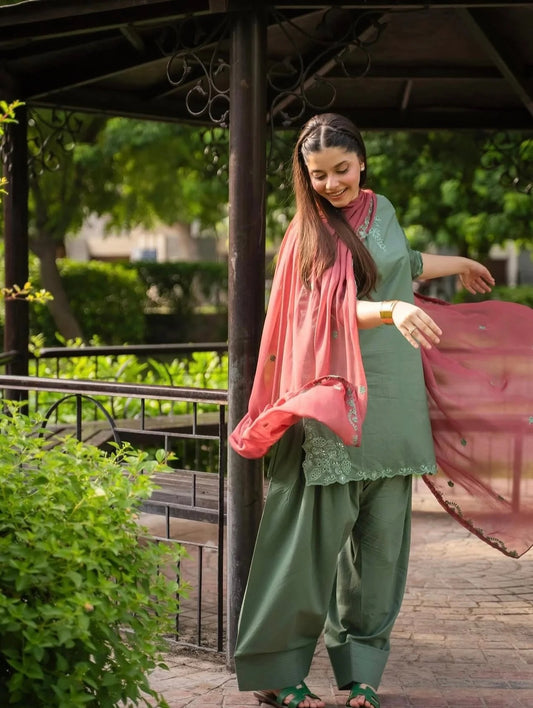 Elegant Sage Green 3PC Farshi Shalwar Suit with Pink Dupatta