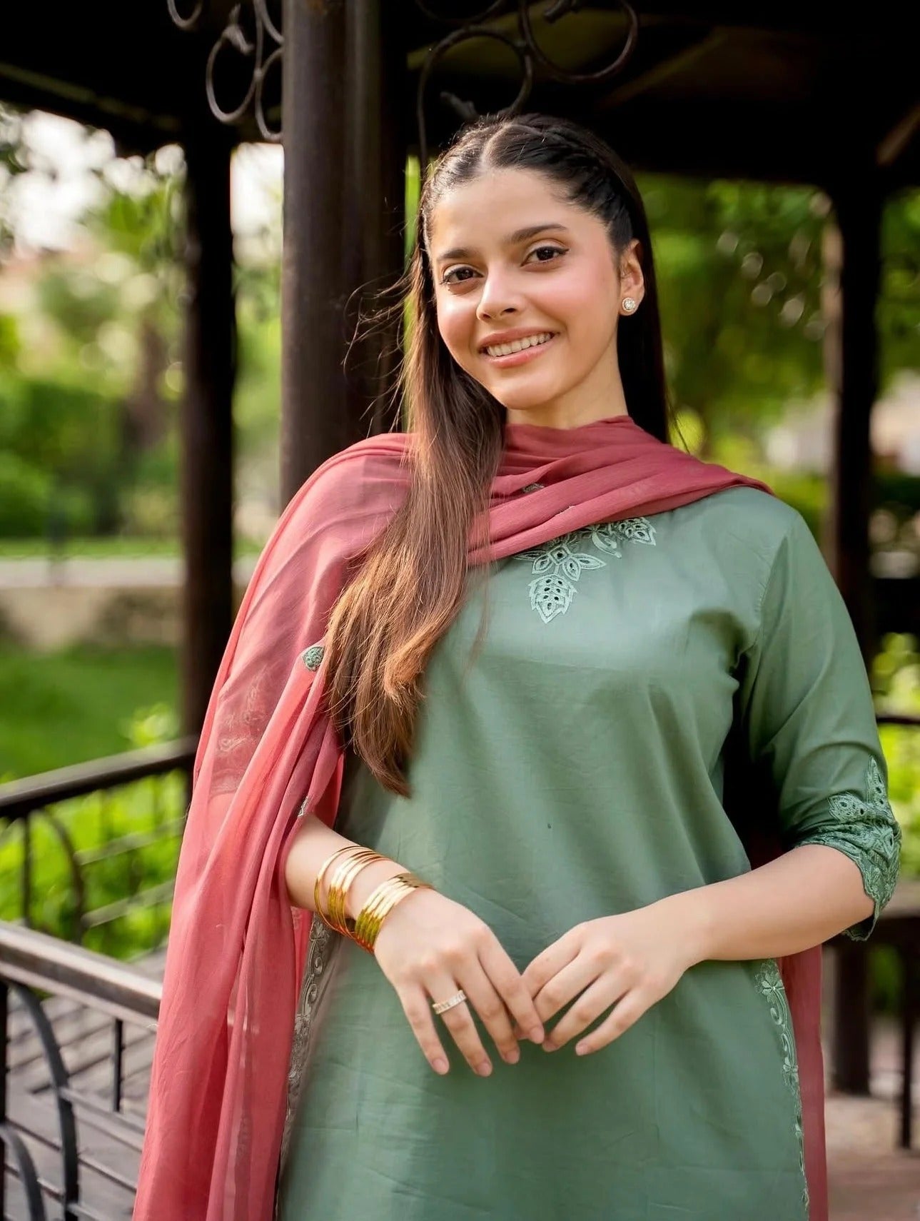 Elegant Sage Green 3PC Farshi Shalwar Suit with Pink Dupatta