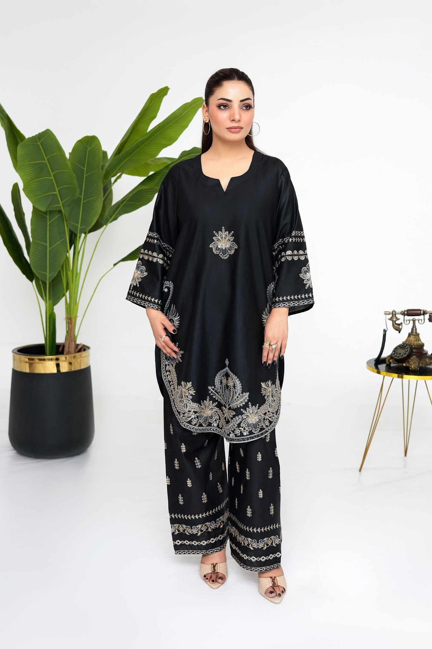 Noor Black Embroidered Kaftan Kurta with Palazzo