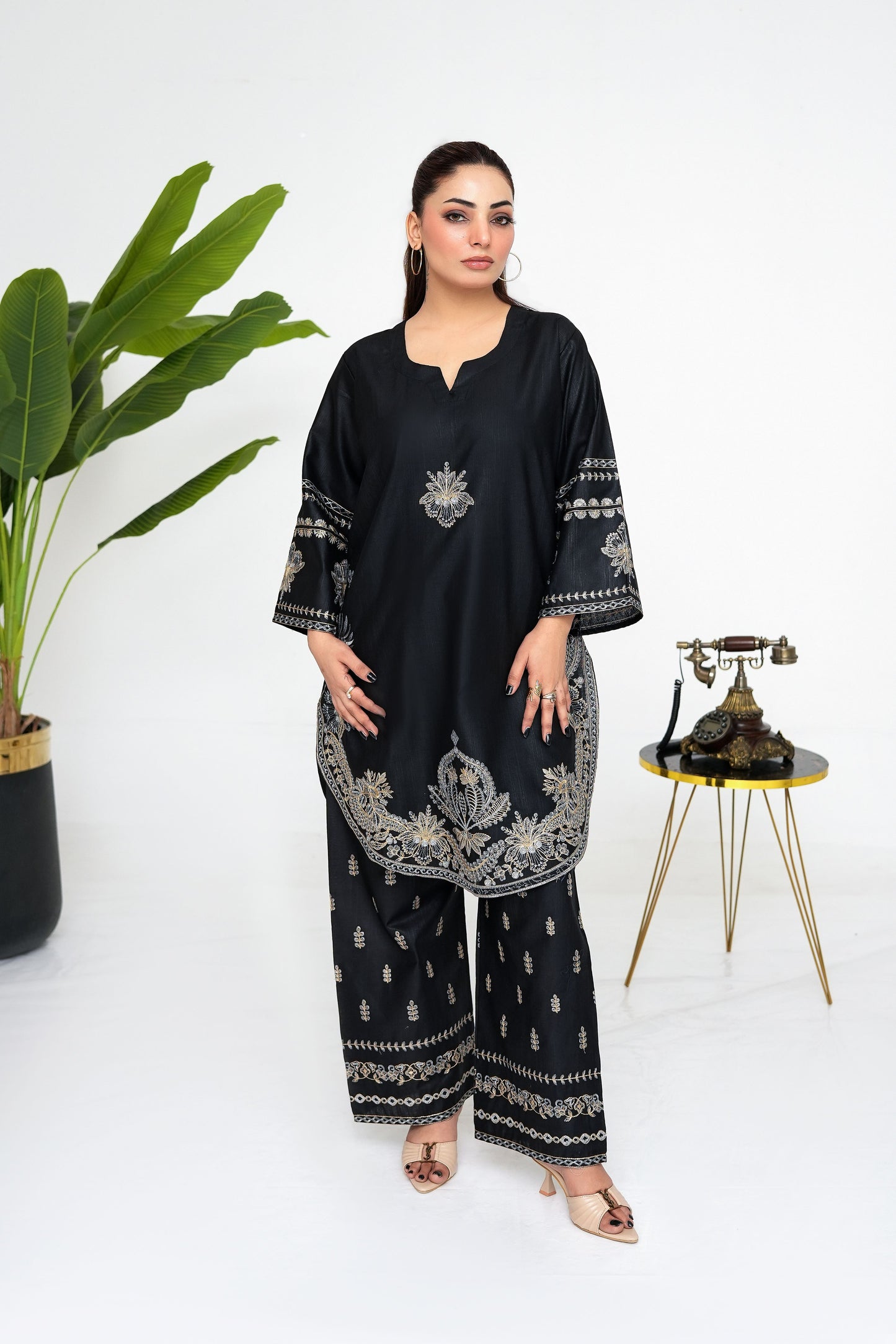 Noor Black Embroidered Kaftan Kurta with Palazzo