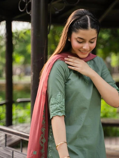 Elegant Sage Green 3PC Farshi Shalwar Suit with Pink Dupatta